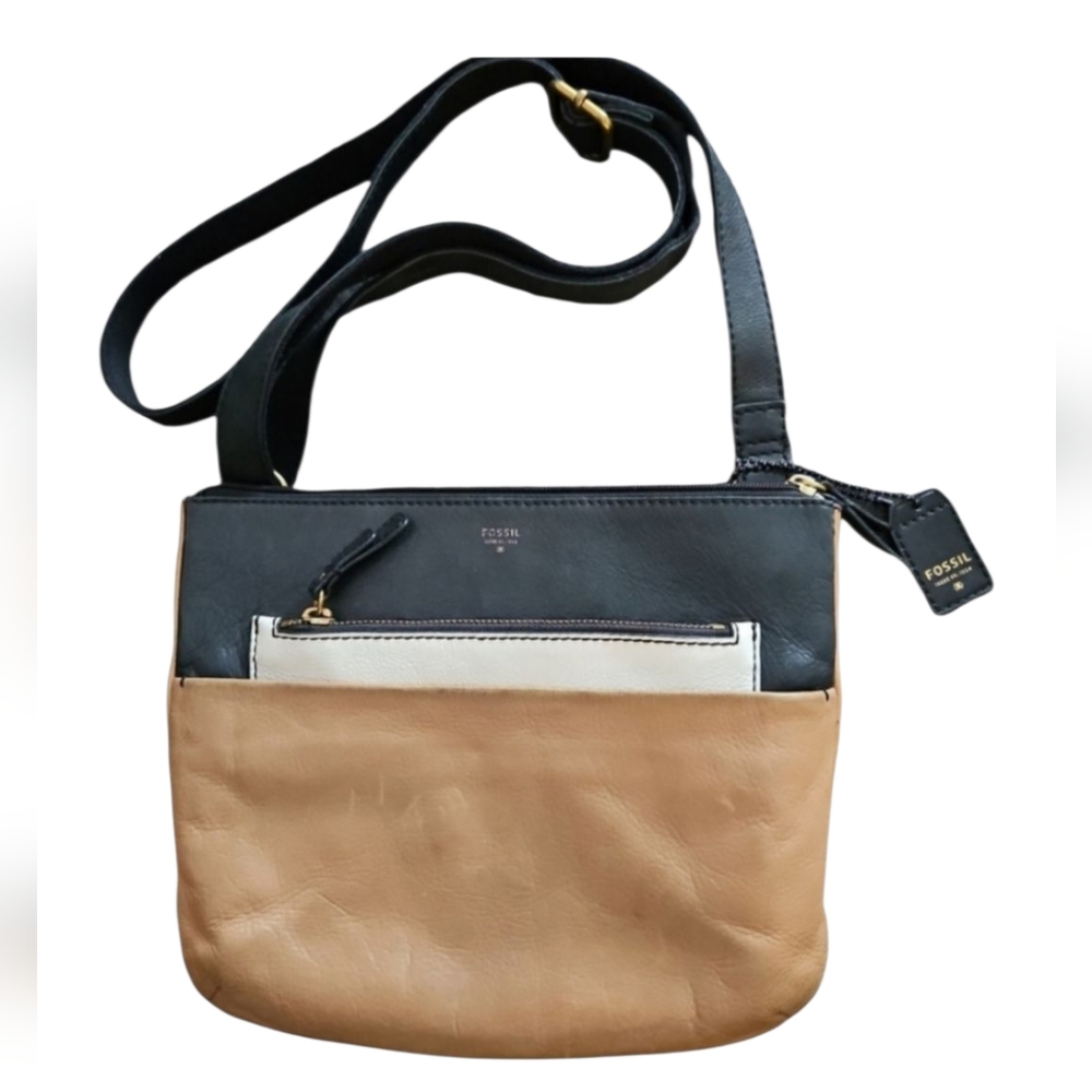 Fossil Black / Beige / Tan Pebbled Leather Crossbody Bag Shoulder Purse